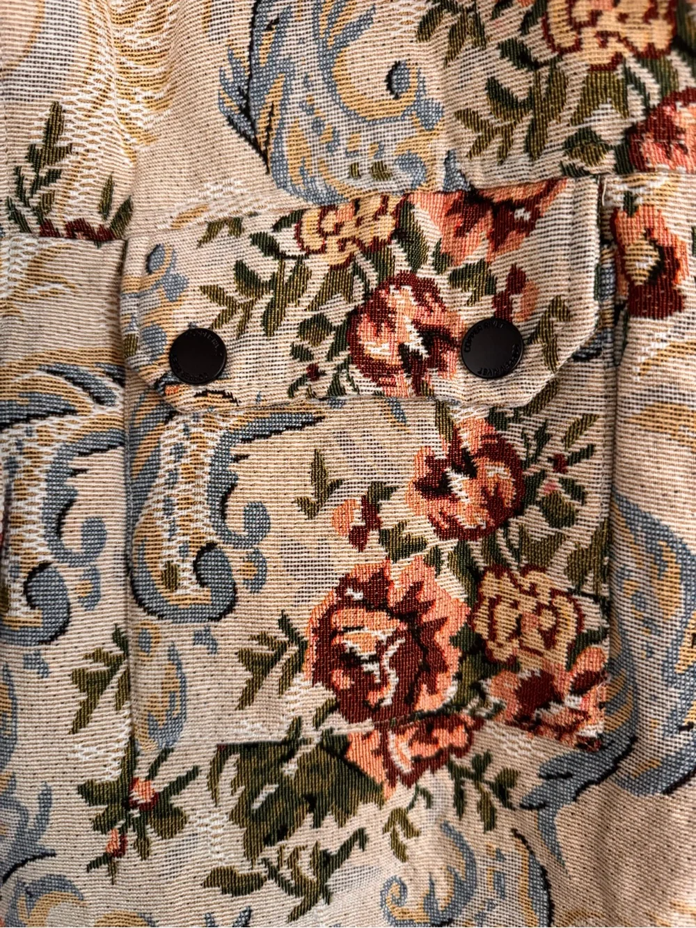 Copper Key Cream Tapestry Jean Jacket with Blue Scrolls & Red Floral - Picture 2 of 8